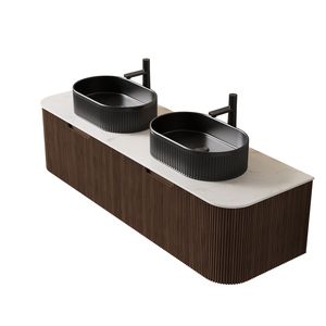 DINA 60\" Modern <b>Wall</b> <b>Mounted</b> Bathroom Vanity with Curved Edges and Striped Storage <b>Cabinets</b> 2 Black Ce - Product Image 4