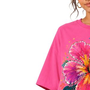 Camiseta Extra Grande Rosa Intenso para Mujer con Estampado Gráfico de Flor de Hibisco Colorida, Camiseta Casual de Algodón para Verano, Personalizada OEM ODM al por Mayor - Product Image 3