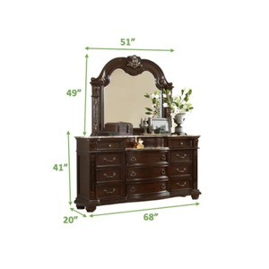 Mahogany <b>Panel</b> Bed features an upholstered <b>headboard</b> and intricate wood carvings with nightstands and mirrors for bedroom use - Product Image 5