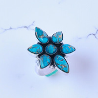 Cincin Perak Sterling 925 Berkualitas Tinggi dengan Batu Turquoise Tembaga, Desain Bunga, Harga Grosir, untuk Wanita, Grosir