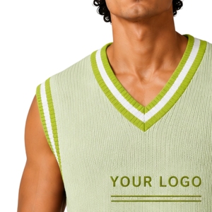 <b>Mens</b> Mint Green With Lime Green And <b>White</b> Contrast Stripe Summer Knit Sweater <b>Vest</b> V Neck Sleeveless Pullover Customized Logo - Product Image 3