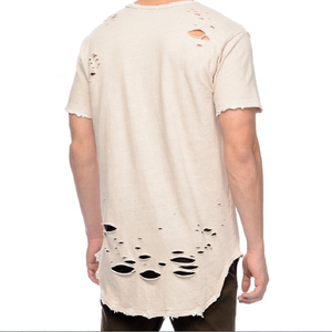 เสื้อยืดโอเวอร์ไซส์สีเบจขาดๆ สำหรับผู้ชาย แขนสั้น คอกลม สไตล์สตรีท ผ้าถัก คอตตอน - Product Image 4