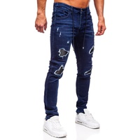 Jeans de Hombre al por Mayor de Alta Calidad, Estilo Hip Hop, Ajustados, Elásticos, Desgastados, Color Azul