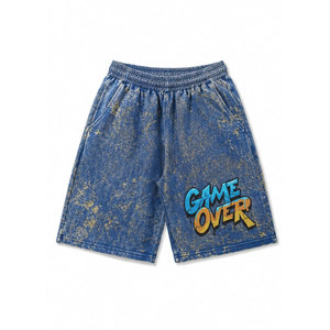 Shorts Bermuda en Coton Délavé Bleu pour Homme avec Imprimé Game Over, Taille Élastique, Style Décontracté, Logo Avant, Effet Délavé à l'Acide - Product Image 2