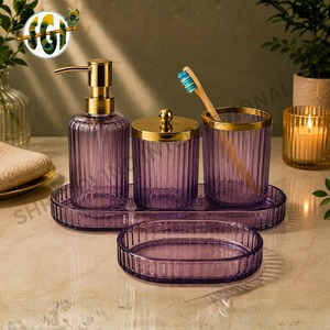 Luxury Five-Piece Ribbed Glass <b>Bathroom</b> <b>Accessories</b> <b>Set</b> Gold Finish Durable Easy Clean Soap Dispenser Toothbrush Holder Storage - Product Image 5
