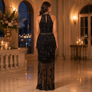 Luxury Black Beaded Floral Evening Dress Women Halter Neck Sheer Mesh Maxi Gown Hand Embellished Party Wedding Formal Designer - Product Image 3