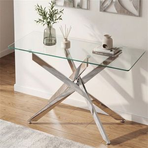 45-Inch Tempered Glass Console <b>Table</b> with <b>Adjustable</b> Feet Silver Chrome Metal Entryway <b>Table</b> for Home Decor - Product Image 1