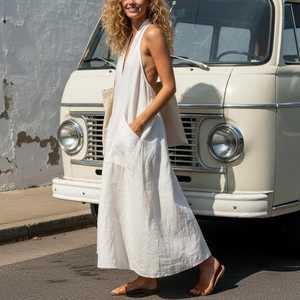 Vestido Maxi de Lino Ecológico para Mujer, Manga Corta, Cintura Alta, Corte Regular, Diseño Escalonado, Estilo Casual de Verano para Playa, Largo y Fluido - Product Image 4
