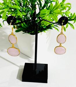 Natural <b>Rose</b> Quartz Gemstone <b>Earrings</b> <b>Gold</b> Plated Bezel <b>Stud</b> <b>Earrings</b> Elegant Indian Fashion Jewelry for Women Bridal Wedding - Product Image 2