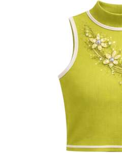 Débardeur côtelé vert citron personnalisé pour femme avec motif floral en strass, sans manches, été, fabrication sur mesure - Product Image 2