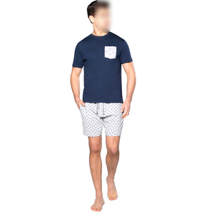 Conjunto de Camiseta Azul Marino con Cuello Redondo y Bolsillo Blanco y Pantalones Cortos con Estampado de Puntos, Ropa Casual de Verano, 100% Algodón, Tejido Transpirable - Product Image 1