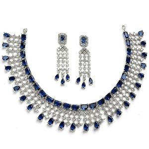 Conjunto de Collar y Aretes con Perlas de Imitación Chapadas en Oro, con Cristales Azules y Diseño de Flor, Joyería Clásica de Boda para Mujer - Product Image 1