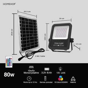 Lámpara Solar de Aluminio para Exteriores Homehop, 80W, 135 LED RGB, Resistente al Agua, con Control Remoto Automático, Batería de 8000mAh - Product Image 2