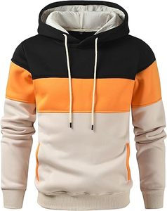 Sweat-shirt à capuche pour homme, manches longues, style décontracté, automne, avec cordon de serrage, design patchwork beige, orange, noir - Product Image 1