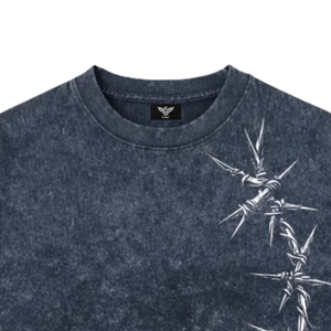T-shirt délavé pour homme avec imprimé graphique fil de fer barbelé, manches courtes, col rond, style streetwear décontracté, en coton, effet vintage délavé, moderne - Product Image 5