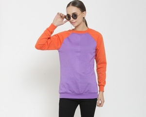 Sweat-shirt à col rond pour femme, à blocs de couleur, manches longues, violet orange, tricoté décontracté, 100% coton, vêtements d'automne - Product Image 1