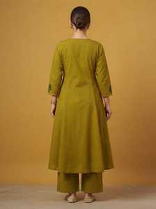 Ensemble pantalon et kurti traditionnel pour femme, en coton vert olive brodé, coupe droite, séchage rapide, longueur genou, tenue décontractée, Inde - Product Image 5