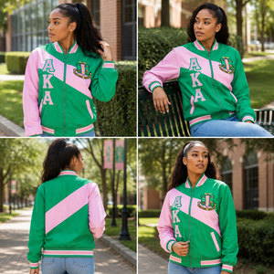 Chaqueta Universitaria Verde y Rosa para Mujer Alpha Kapa Alpha, Logotipo Bordado, Manga Larga, Cuello Camisero, Abrigo de Otoño - Product Image 2