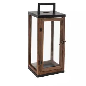 Lanterne à bougie décorative en bois de style farmhouse, avec cadre en X, cadre en bois fait main et dessus en métal noir, vente en gros - Product Image 5