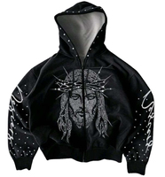 Sweat-shirt à capuche noir pour homme avec fermeture éclair, décoré de strass, motif Jésus, style streetwear hip-hop, nouveau style tendance