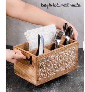 Organizer Farmhouse Utensil Holder with Metal Handles Wholesale Custom 4 Compartment <b>Wooden</b> Silverware <b>Caddy</b> Cutlery Flatware - Product Image 4