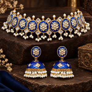 Ensemble collier et boucles d'oreilles Jhumka Meenakari bleu roi, vente en gros, fabricant de bijoux artificiels, niveau usine - Product Image 4