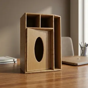 Wooden Tissue Box With Oval Opening And Storage Compartments For <b>Desk</b> Organization - Product Image 5