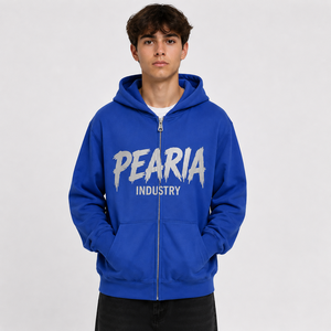 Sweat-shirt à capuche zippé bleu en molleton de coton avec poche graphique imprimée sur le devant, épais, personnalisable, pour l'hiver, style décontracté - Product Image 1
