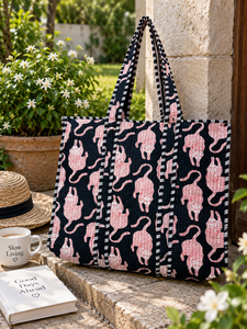 Grand sac fourre-tout matelassé pour femme, fermeture ouverte - Utilisation pour les voyages, le shopping et la plage, réutilisable, lavable, imprimé tigre, coton biologique - Product Image 3