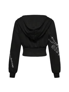 เสื้อฮู้ดครอปผู้หญิง ลายกราฟิกโซ่ แต่งคริสตัล ล้างสีแบบแอซิดวอช ผ้าแจ็คการ์ด 420GSM ผ้าคอตตอนเทอร์รี่ สไตล์วินเทจ สตรีทแวร์ พรีเมียม - Product Image 2