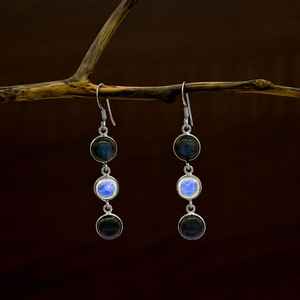 Boucles d'oreilles en pierre de lune arc-en-ciel naturelle et labradorite, pierre de naissance de juin et de novembre, bijoux en argent faits à la main, cadeau pour femme - Product Image 2
