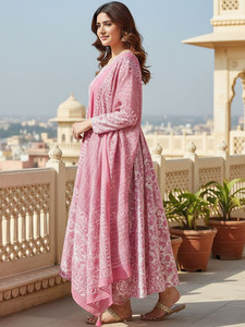 <b>Women</b> Pink Rayon Floral Printed <b>Kurta</b> Set Dupatta Knee-Length Regular Fit Traditional Ethnic Wear India Pakistan Style Quick Dry - Product Image 6