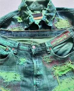 Custom Vintage Heavyweight <b>Denim</b> Jeans Suit <b>Jacket</b> Set for Men Streetwear Custom Woven Thermal Print Washed Ripped Style - Product Image 2