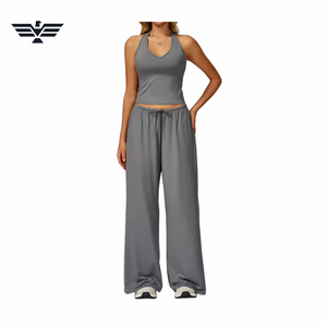 Ensemble de yoga 2 pièces uni pour femme, haut court dos nu à col en V et pantalon large taille haute, respirant, en Spandex et Polyester, avec cordon de serrage - Product Image 4