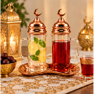 Juego de Dispensador de Vidrio y Vinagre de Lujo para Decoración de Ramadán con Tapas de Media Luna en Oro Rosa y Bandeja de Cobre para Decoración de Mesa de Eid - Product Image 3