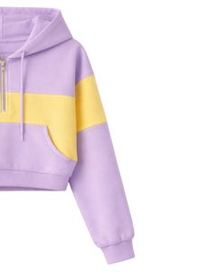 Ensemble décontracté deux pièces pour femme, comprenant un crop top à capuche zippé et un short, color block lavande et jaune, en polyester et coton, vente en gros fabricant - Product Image 3