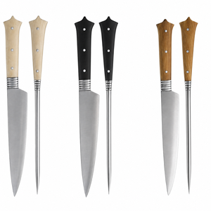 Juego de Seis Cuchillos para Trinchar y Afilador con Hojas Plateadas y Mangos Negros, Marrones y Naturales para Preparación de Carne - Product Image 6