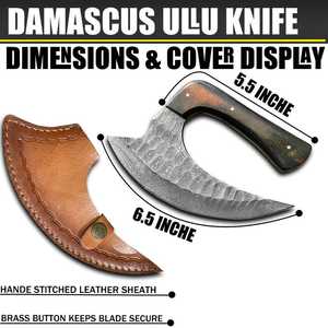 Custom Handmade Damascus Steel Pizza Cutter Wheel Ulu Knife Premium Wooden Handle Kitchen Axe with Genuine Leather Sheath - Product Image 3