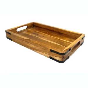 Rustic Wooden Serving Tray with Metal Accent Corners Handles Rectangular Breakfast Tea Coffee Serving Platter Home <b>Organiser</b> - Product Image 1