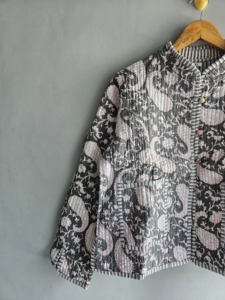 Quilted <b>Jacket</b> Women's <b>Mandarin</b> <b>Collar</b> Paisley Print Three Quarter Sleeve Cotton Autumn Style XL gift for her - Product Image 4
