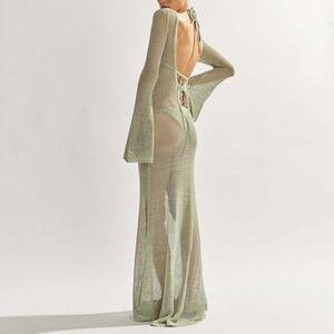 Vestido Maxi de Punto Transparente de Manga Larga para Mujer, Transpirable, con Cuello Redondo, Estilo Cover-Up, Venta al por Mayor - Product Image 2