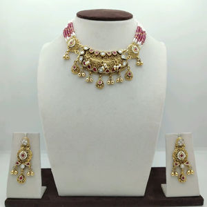 Elegant Silver Choker <b>Necklace</b> <b>Set</b> with Pink <b>Pearl</b> Beads Gold Plated Traditional Design Matching Earrings for Wedding Wear - Product Image 1