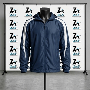 Manufacture Design Blue Hooded <b>Racer</b> <b>Jacket</b> White Zipper Closure Sporty Windproof Polyester Zipper Closure Men's Lacrosse <b>Jacket</b> - Product Image 1