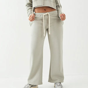 Pantalones de chándal de algodón de punto de alta calidad para mujer, gris claro, de pierna ancha, cintura media, con cordón, ajuste holgado, longitud completa, informales - Product Image 3