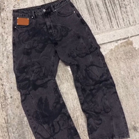 Jeans pour homme en denim noir délavé, coupe droite, vintage, déchiré, surdimensionné, rivets, ourlet brut, pantalon en denim baggy