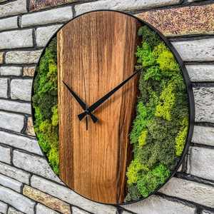 Modern Wooden Moss Wall Clock Handmade Natural Wood & Preserved Moss Round Wall Clock Rustic Home Decor Silent Non Ticking Clock - Product Image 1