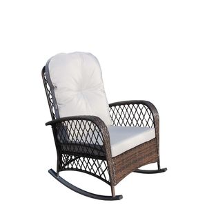 Sedia a dondolo da esterno in vimini e rattan con telaio in acciaio ad alta capacità di carico, cuscino morbido e seduta ampia per patio - Product Image 4