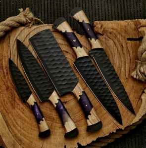 Ensemble de couteaux de cuisine en acier de haute qualité, faits à la main, avec revêtement en poudre noire, lame fixe, étui en cuir pour chef de cuisine - Product Image 1