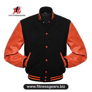 Veste universitaire orange à manches en cuir PU, col rabattu décontracté, simple boutonnage, pour l'automne - Product Image 1