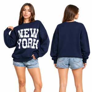 เสื้อสเวตเชิ้ตโอเวอร์ไซส์สีกรมท่าสำหรับผู้หญิง พิมพ์ลายโลโก้ NEW YORK ด้านหน้า สไตล์ลำลอง คอกลม แขนยาว ผ้าฟลีซ ฮู้ดดี้ ผ้าฝ้าย 100% - Product Image 6